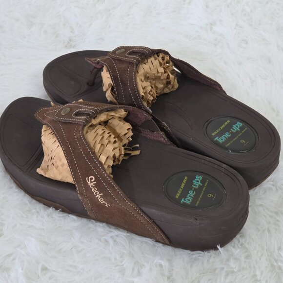 Sketchers Tone-ups Women’s Leather Sandals Brown Flip Flop Size 9 Wedge - Picture 2 of 8